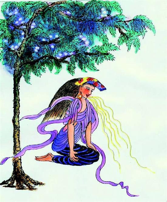 欧丝野在大踵国的东面，一位女子跪在据树下模仿蚕的动作吐着丝。这里的“女子呕丝”可能是古人祭祀蚕神时的一种巫术表演。